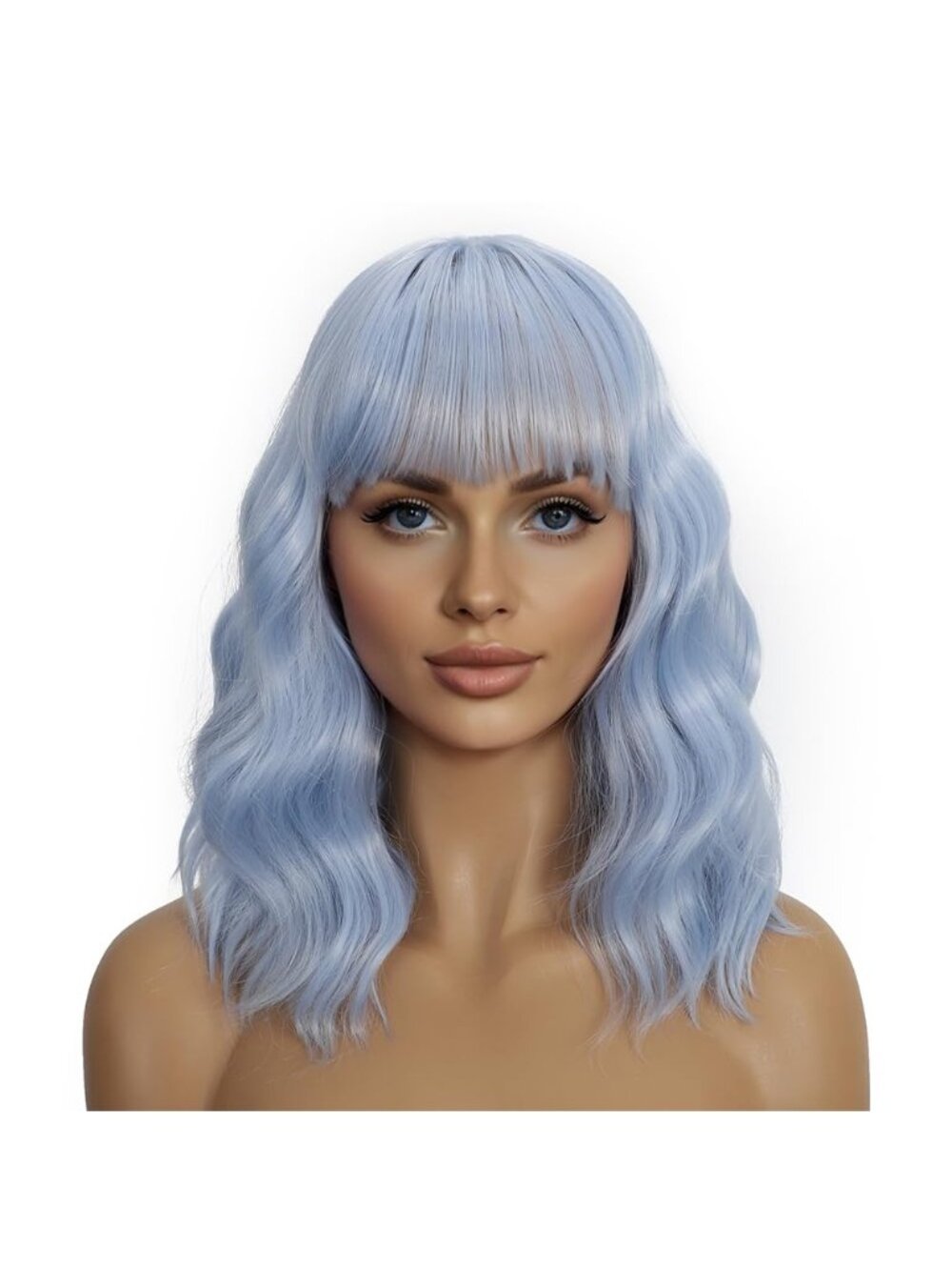 Women's Light Blue 14 Inch Heat Resistant Synthetic Short Wavy Bob Wigs Bangs